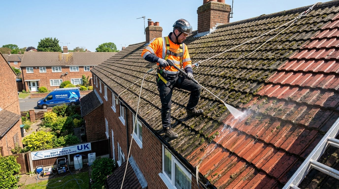 Worker pressure washing moss and algae from a residential tiled roof